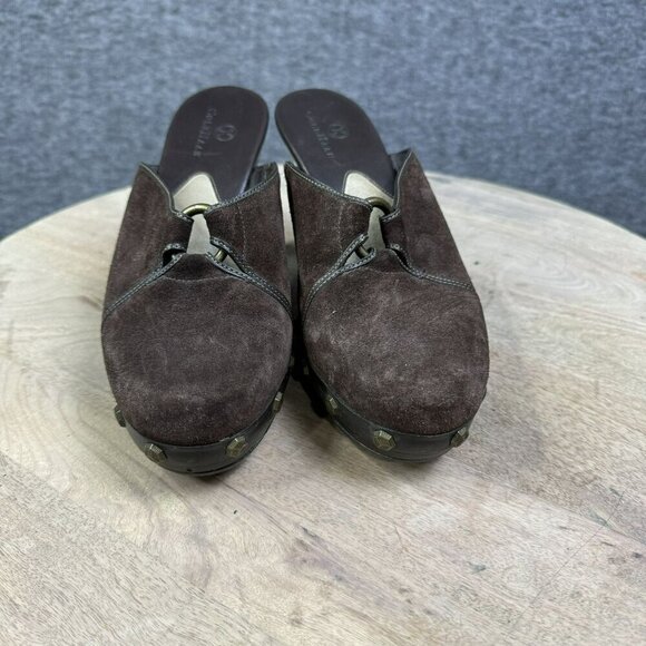 Cole‎ Haan Womens Brown Suede Wooden Mules Heels Clogs Studded Size 7 B - Picture 8 of 10